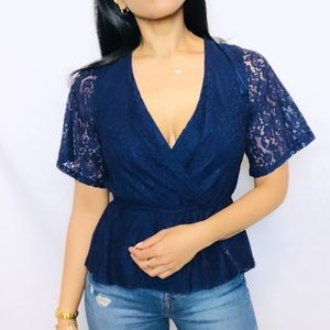 Blue Full Lace Lace Peplum Top with Open Back